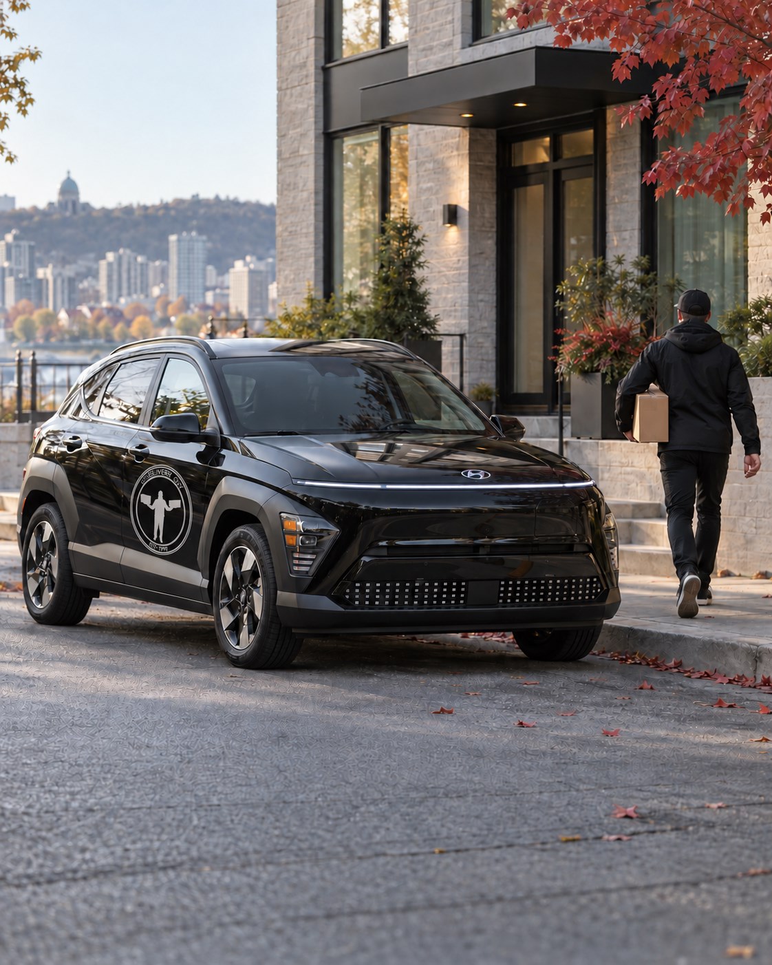 Un coursier de Le Delivery Guy effectuant une livraison immédiate avec un Hyundai Kona électrique noir aux couleurs de l’entreprise à Montréal